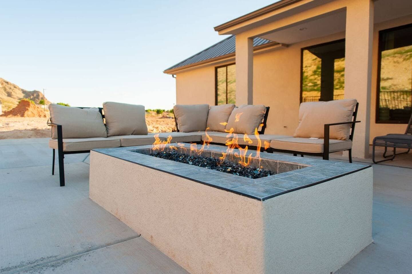 Fire table on the covered patio