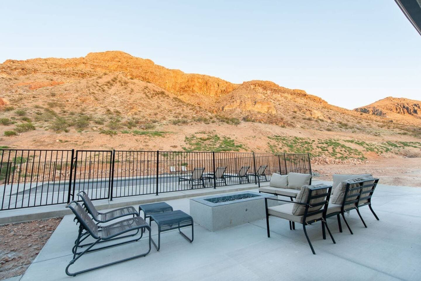 Poolside lounge with fire table