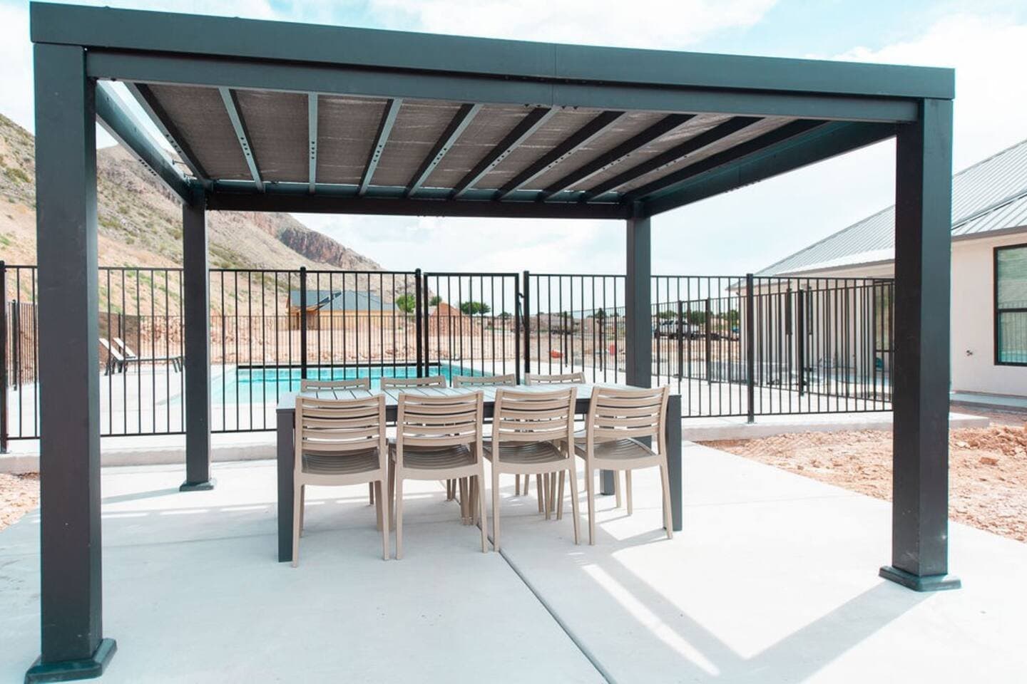 Covered pergola with outdoor dining